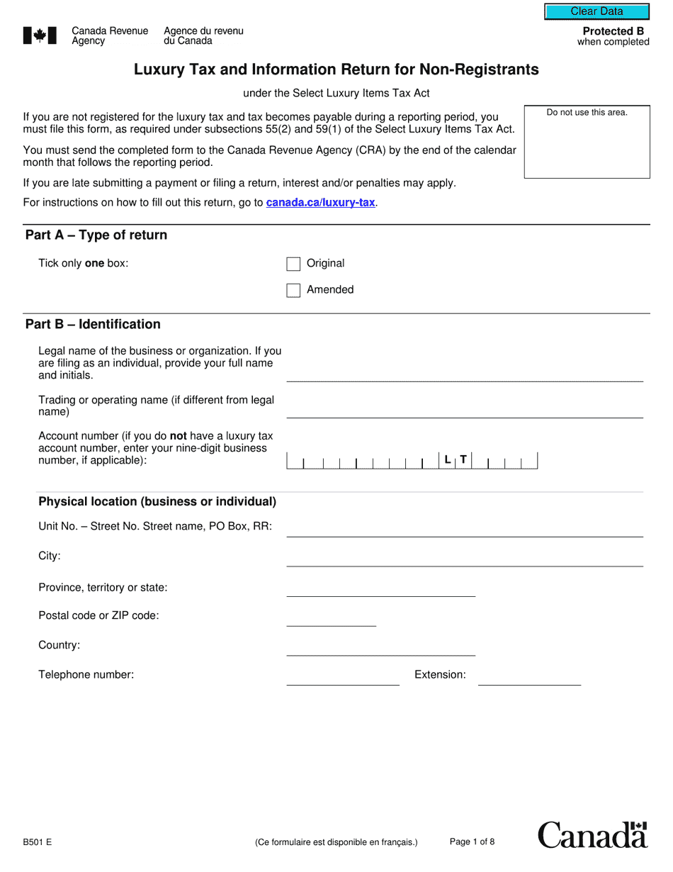 Form B501 Luxury Tax and Information Return for Non-registrants - Canada, Page 1