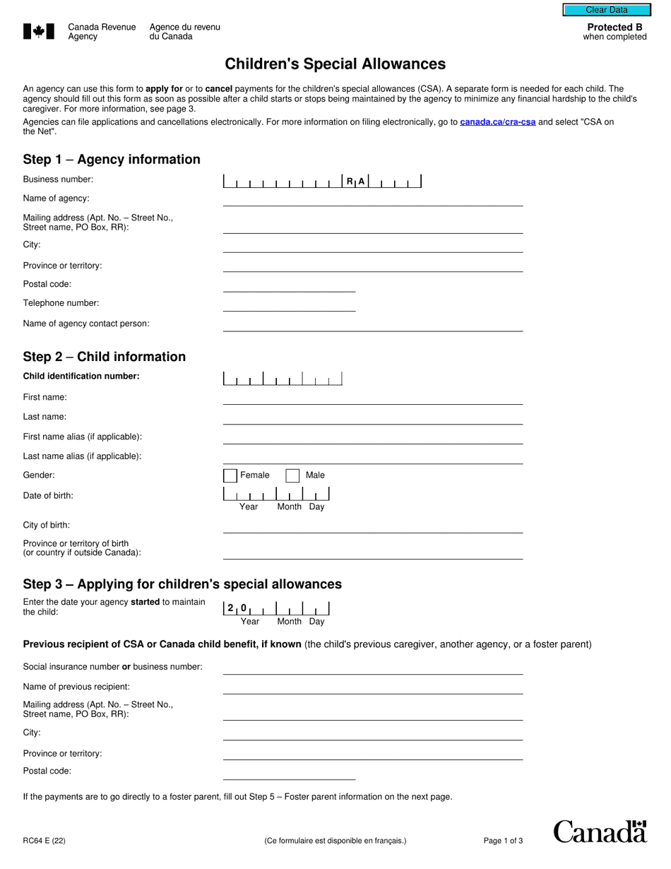 Form RC64 Childrens Special Allowances - Canada, Page 1