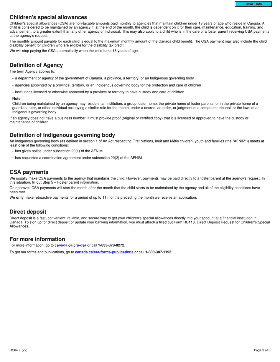 Form RC64 Childrens Special Allowances - Canada, Page 3
