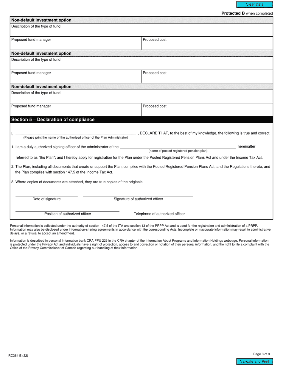Form RC364 Application to Register a Plan as a Pooled Registered Pension Plan - Canada, Page 3