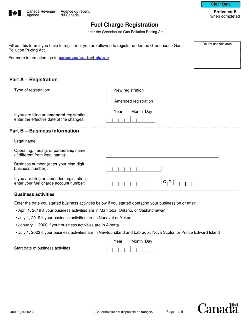Form L400 Fuel Charge Registration - Canada, Page 1