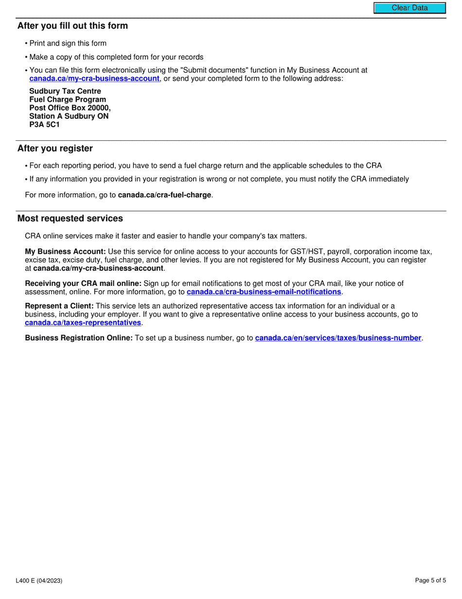Form L400 Fuel Charge Registration - Canada, Page 5