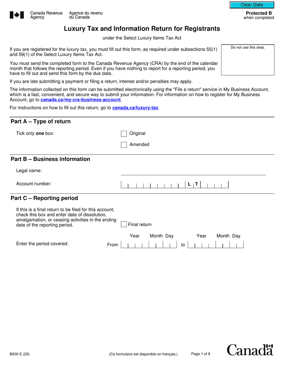 Form B500 Luxury Tax and Information Return for Registrants - Canada, Page 1