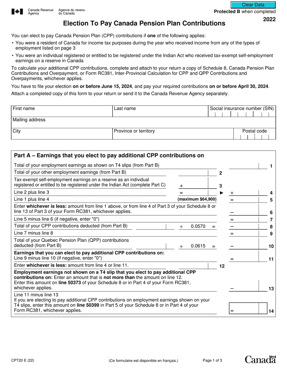 Form CPT20 Election to Pay Canada Pension Plan Contributions - Canada, Page 1