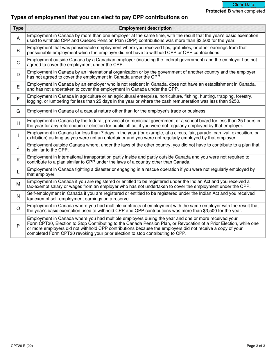Form CPT20 Election to Pay Canada Pension Plan Contributions - Canada, Page 3