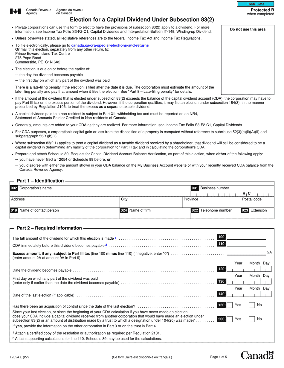 Form T2054 Download Fillable PDF or Fill Online Election for a Capital ...