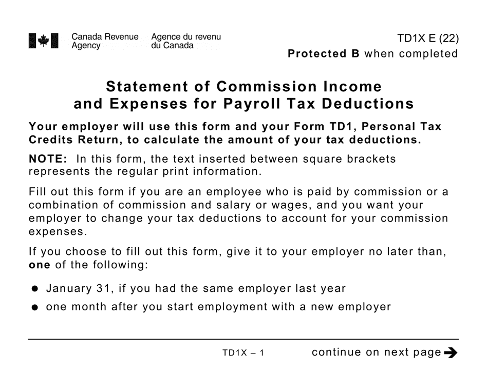 Form TD1X Statement of Commission Income and Expenses for Payroll Tax Deductions - Large Print - Canada, Page 1