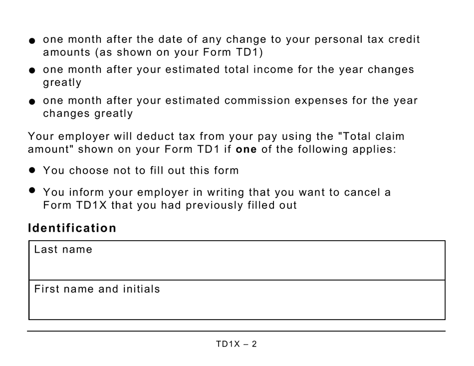 Form TD1X Statement of Commission Income and Expenses for Payroll Tax Deductions - Large Print - Canada, Page 2