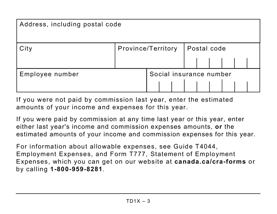 Form TD1X Statement of Commission Income and Expenses for Payroll Tax Deductions - Large Print - Canada, Page 3