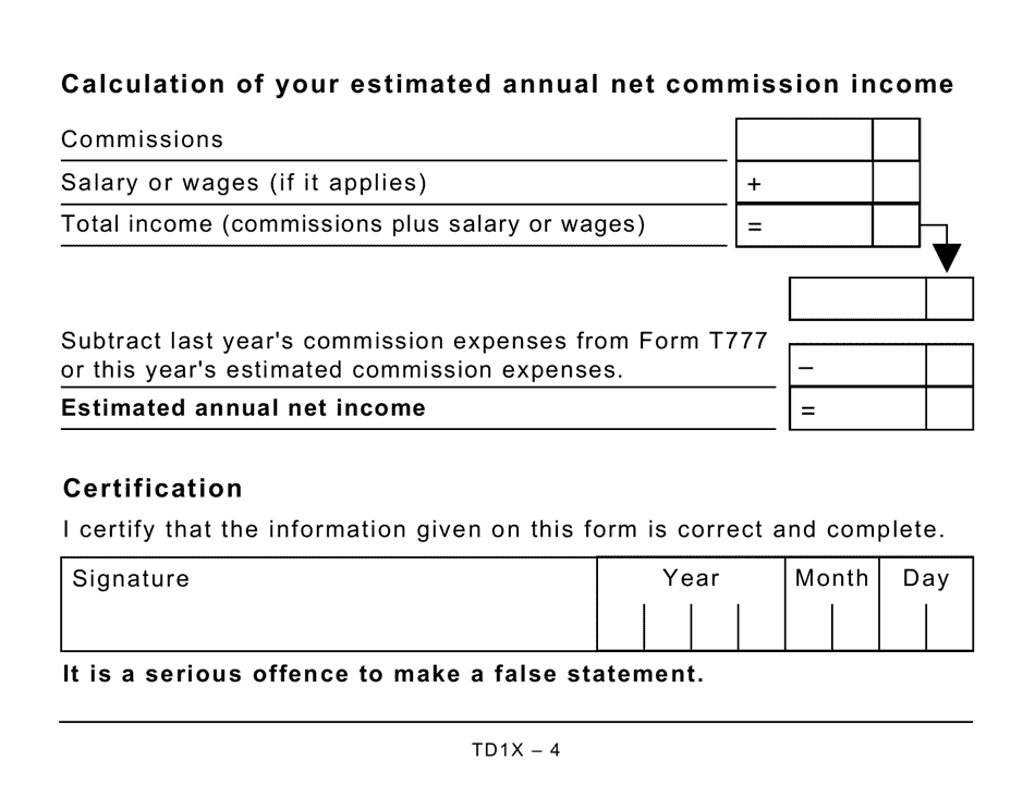Form TD1X Statement of Commission Income and Expenses for Payroll Tax Deductions - Large Print - Canada, Page 4