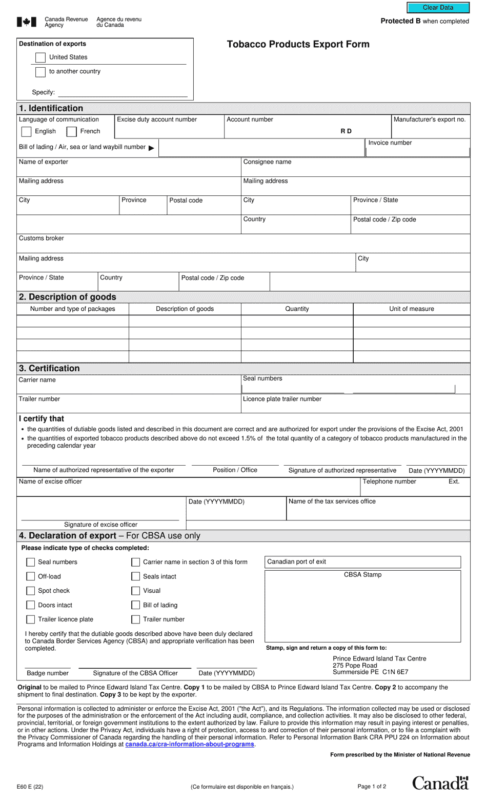 Form E60 Tobacco Products Export Form - Canada, Page 1