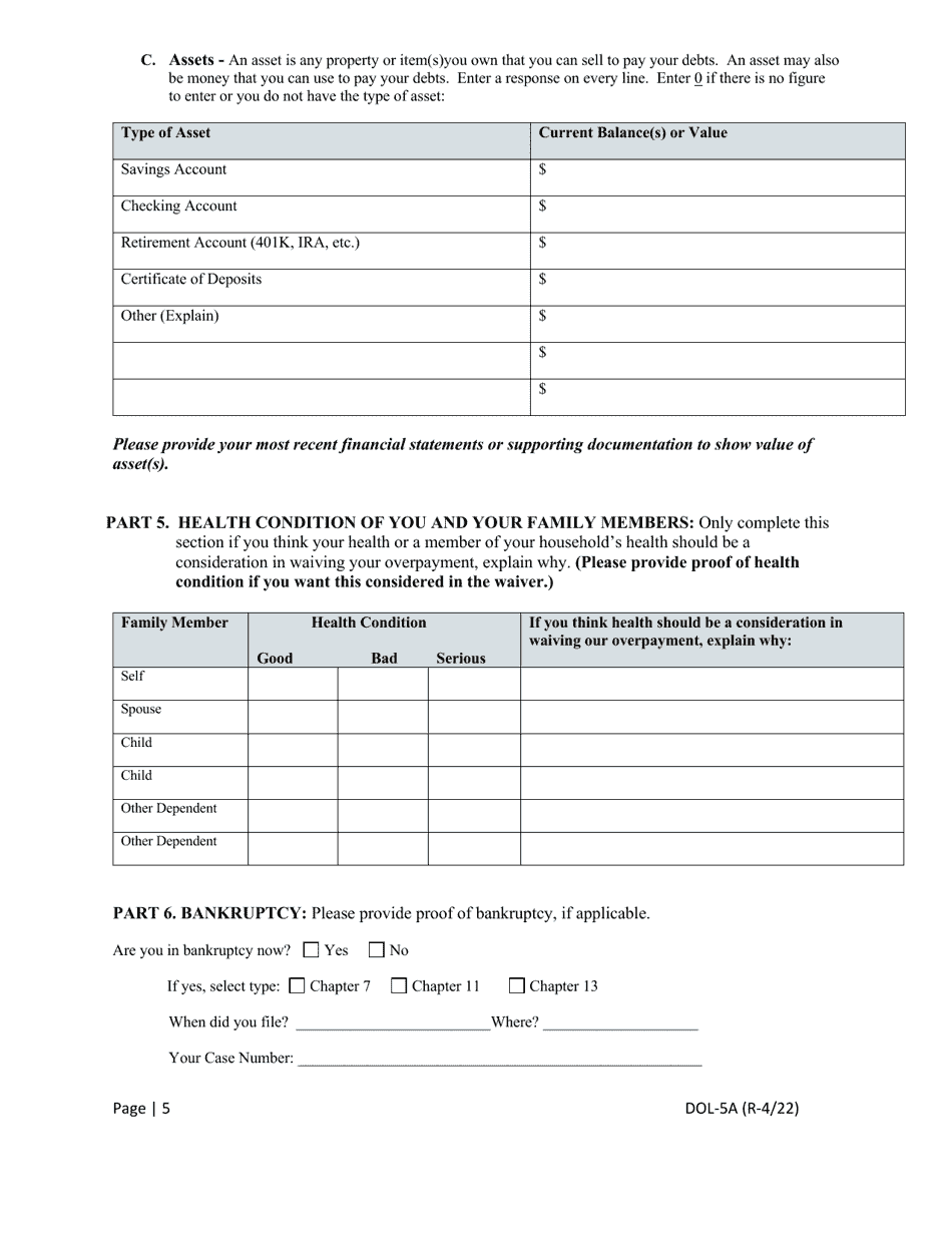 Form DOL-5A Application for Overpayment Waiver - Georgia (United States), Page 5