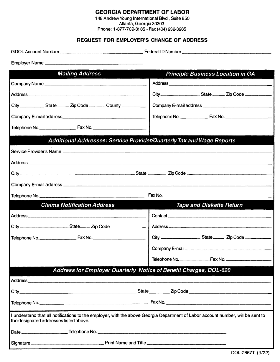 Form DOL-2867T Request for Employers Change of Address - Georgia (United States), Page 1