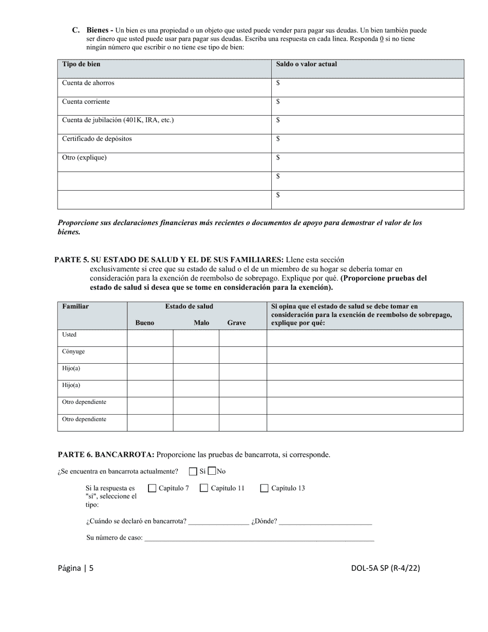 Formulario DOL-5A SP Solicitud De Exencion De Reembolso De Sobrepago - Georgia (United States) (Spanish), Page 5