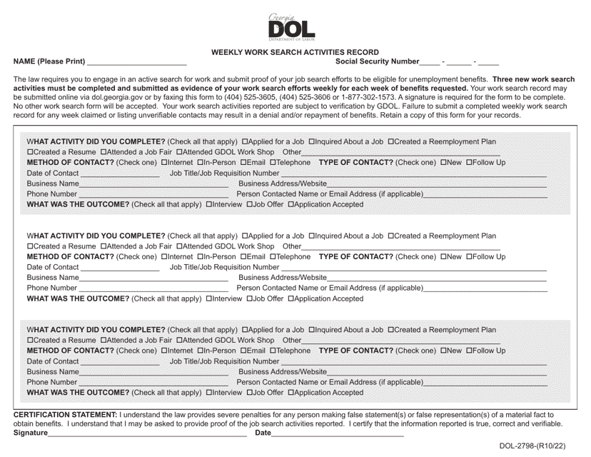 Form DOL-2798  Printable Pdf