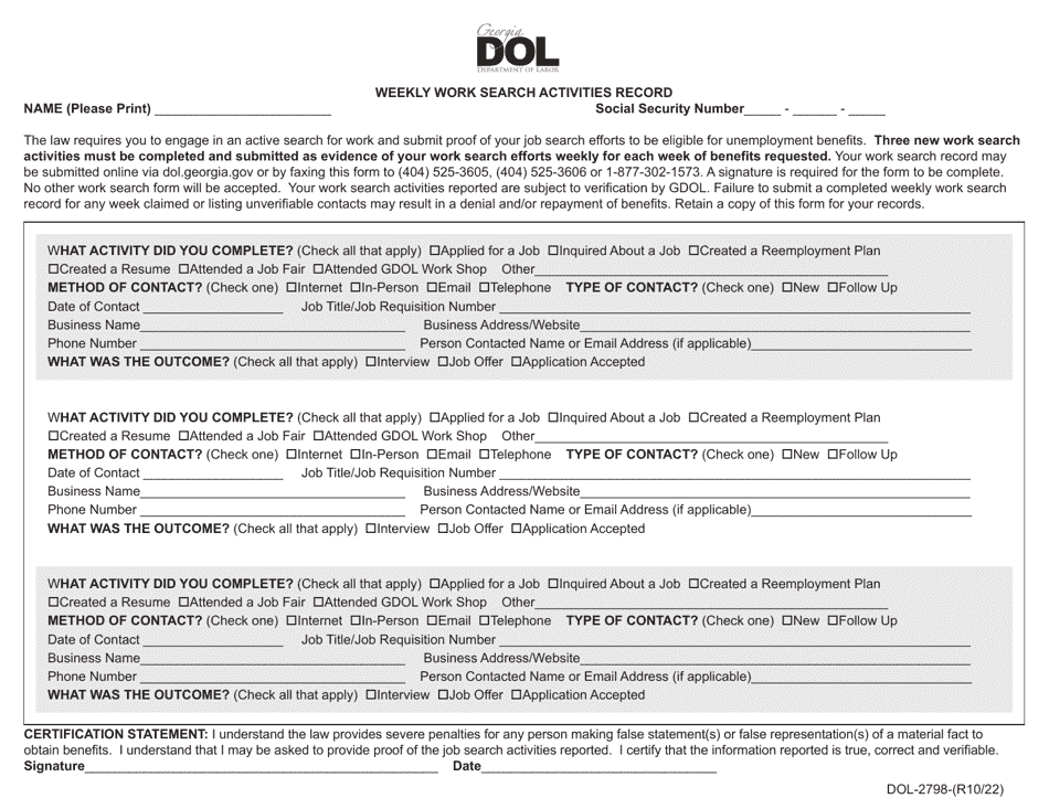 Form DOL-2798 Weekly Work Search Activities Record - Georgia (United States), Page 1