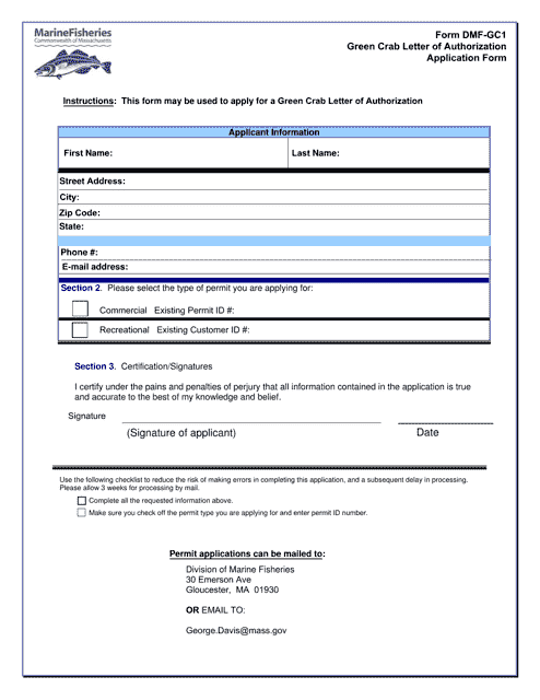 Form DMF-GC1 Green Crab Letter of Authorization Application Form - Massachusetts