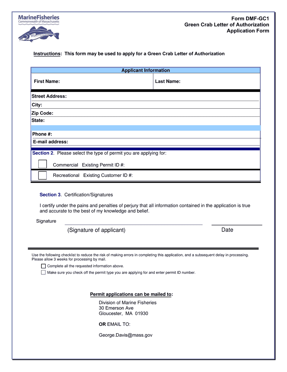 Form DMF-GC1 Green Crab Letter of Authorization Application Form - Massachusetts, Page 1