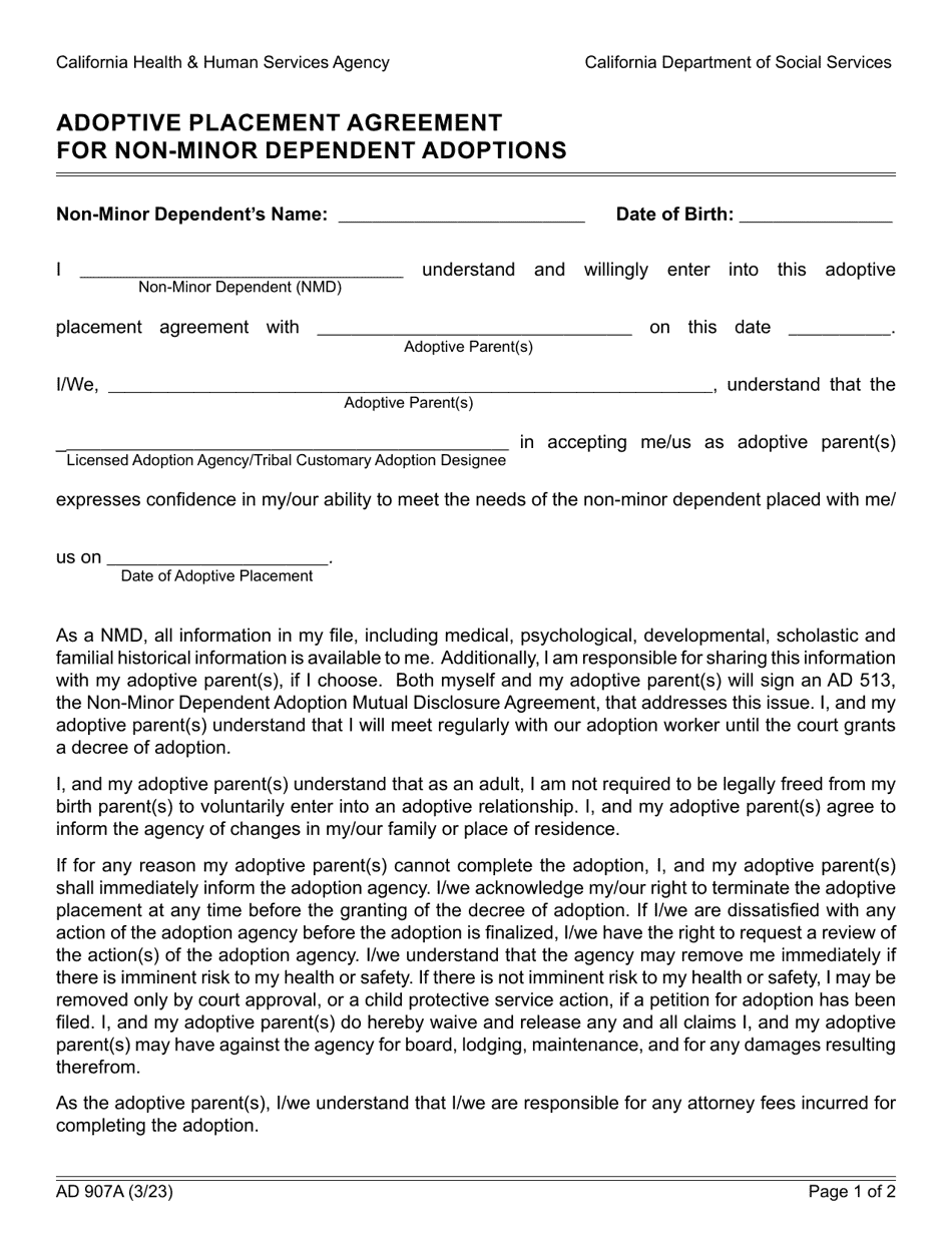 Form AD907A Adoptive Placement Agreement for Non-minor Dependent Adoptions - California, Page 1