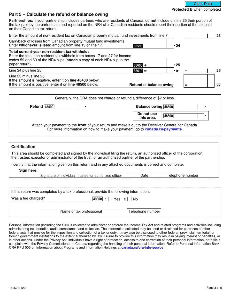 Form T1262 Part XIII.2 Tax Return for Non-residents Investments in Canadian Mutual Funds - Canada, Page 3