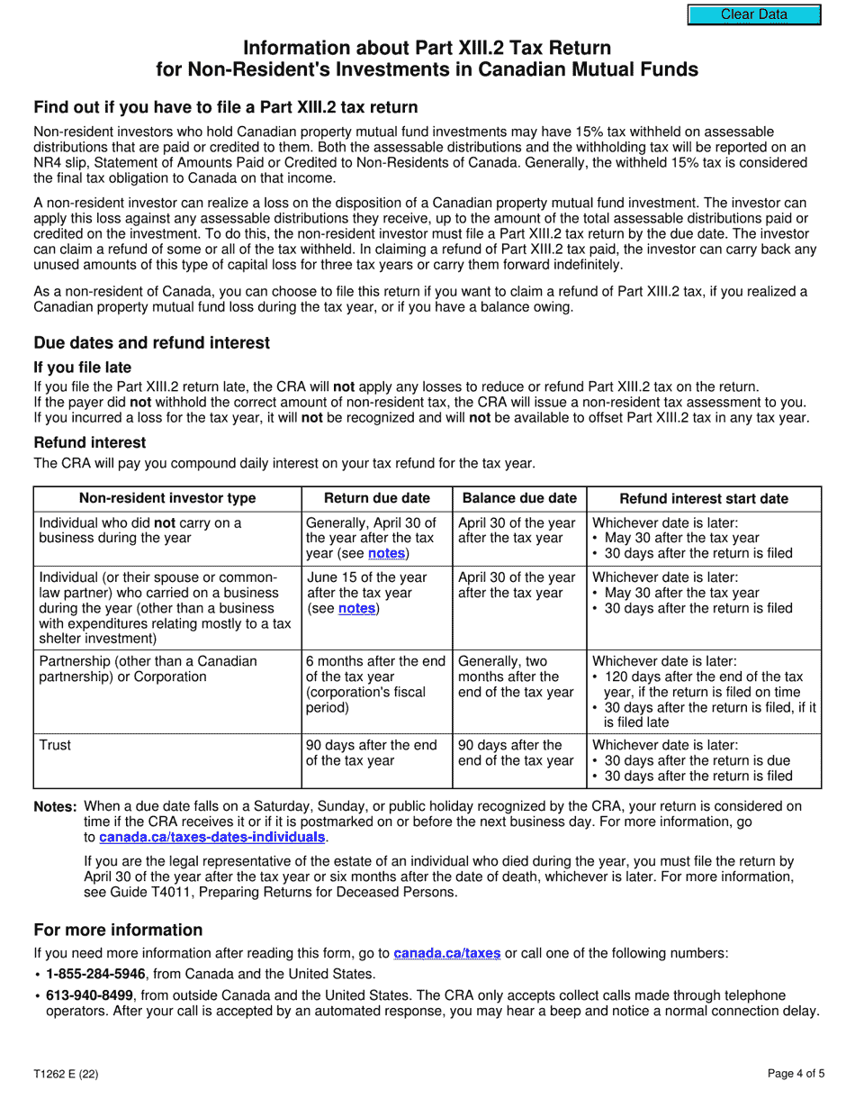 Form T1262 Part XIII.2 Tax Return for Non-residents Investments in Canadian Mutual Funds - Canada, Page 4
