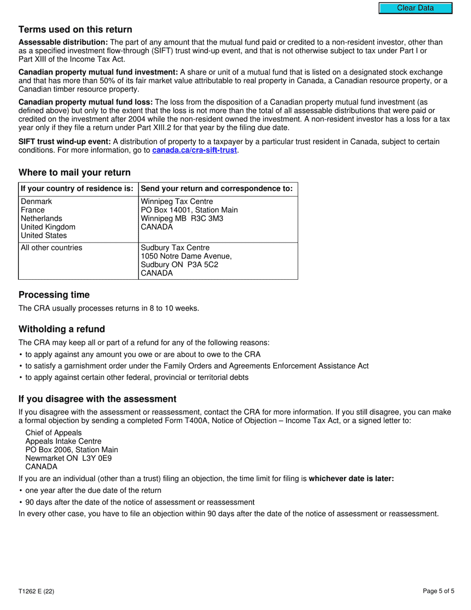 Form T1262 Part XIII.2 Tax Return for Non-residents Investments in Canadian Mutual Funds - Canada, Page 5