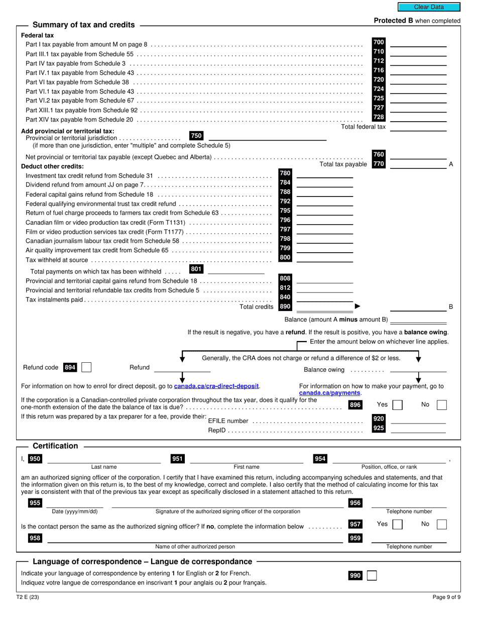 Form T2 Corporation Income Tax Return (2022 and Later Tax Years) - Canada, Page 9