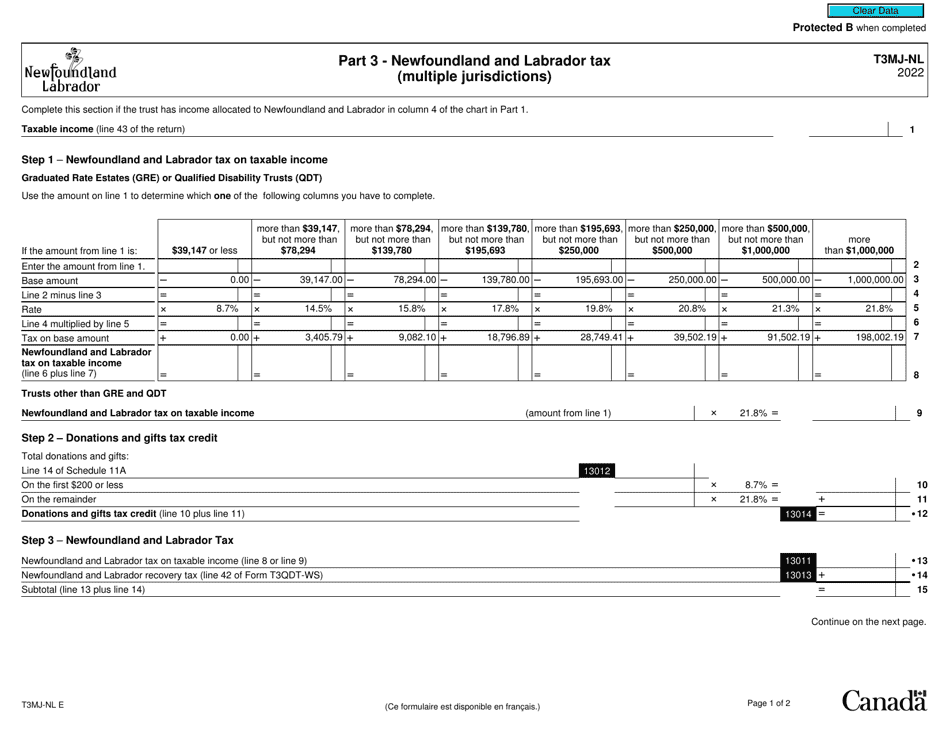 Form T3MJ-NL Part 3 Newfoundland and Labrador Tax (Multiple Jurisdictions) - Canada, Page 1