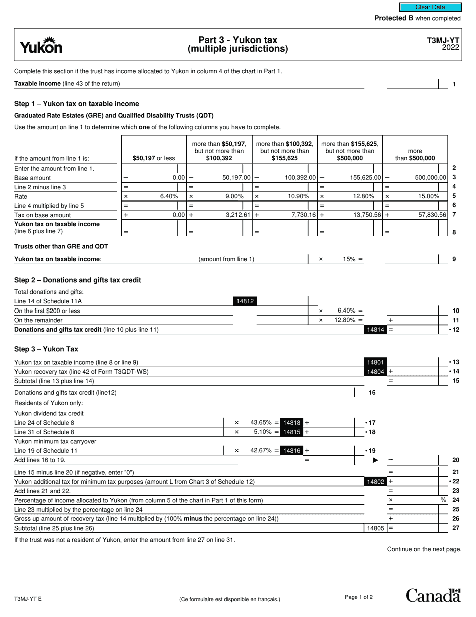 Form T3MJ-YT Part 3 Yukon Tax (Multiple Jurisdictions) - Canada, Page 1