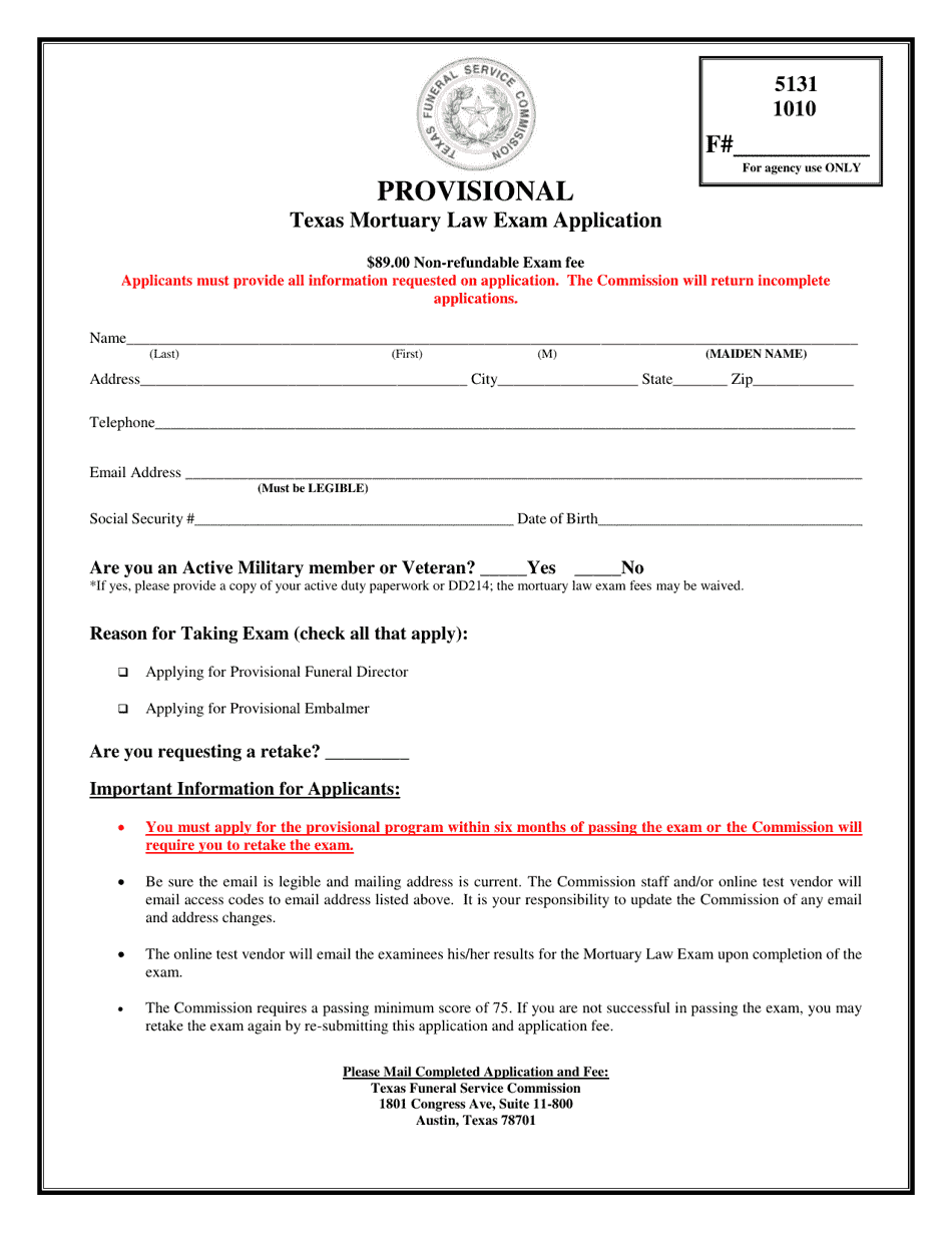 Provisional Texas Mortuary Law Exam Application - Texas, Page 1