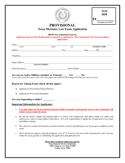 Provisional Texas Mortuary Law Exam Application - Texas Download Pdf