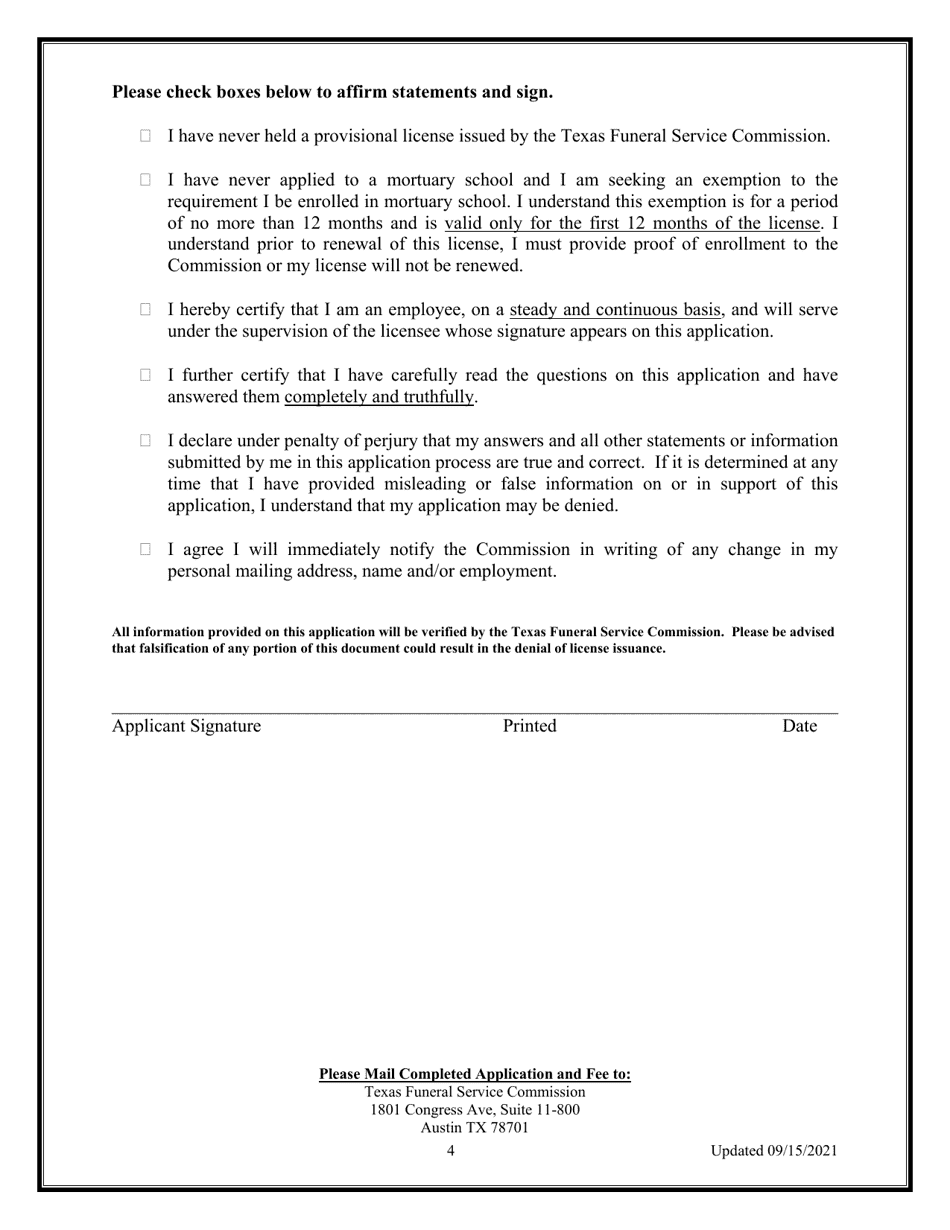 Provisional Embalmer Educational Waiver Application - Texas, Page 4