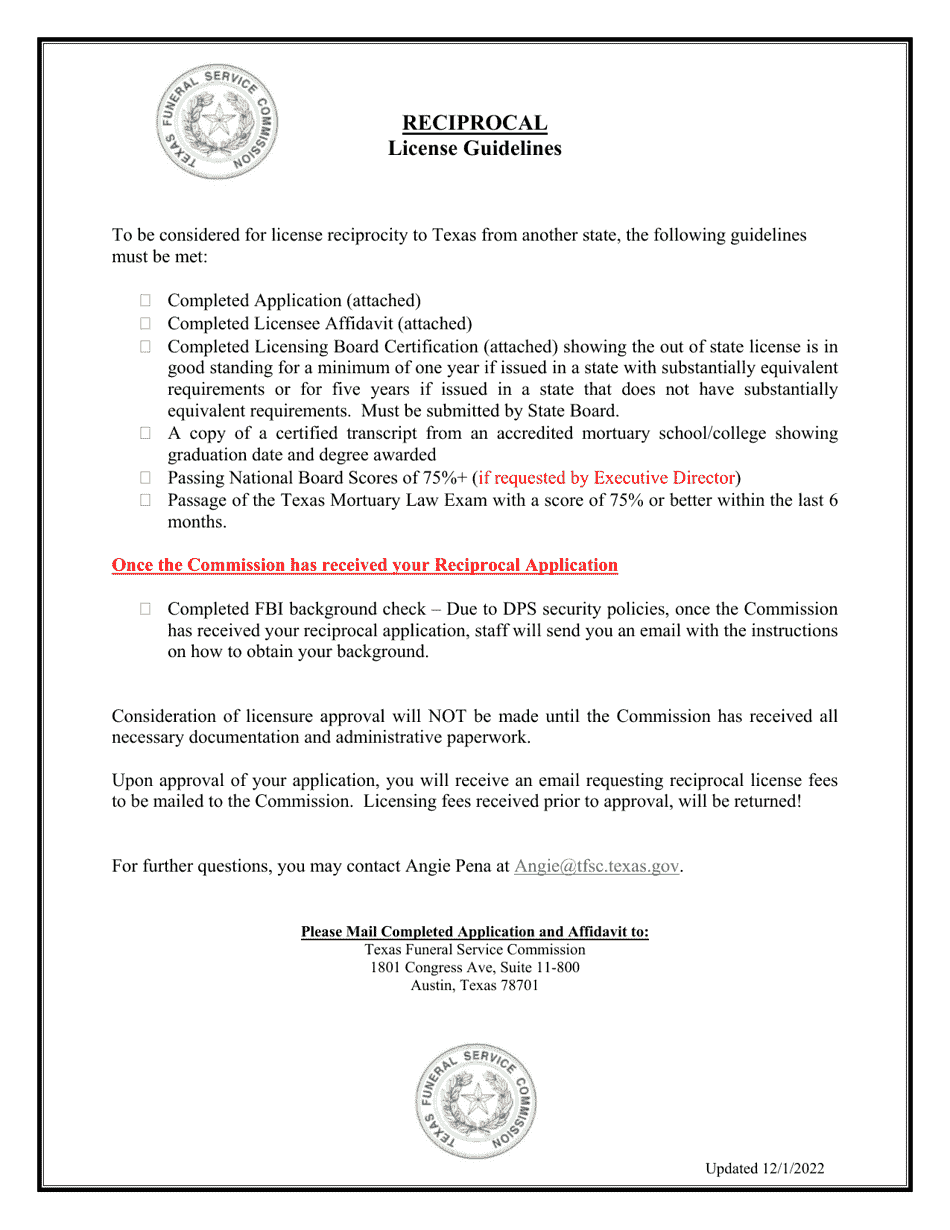 Reciprocal Funeral Director / Embalmer License Application - Texas, Page 1