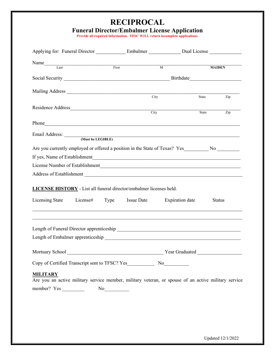 Reciprocal Funeral Director / Embalmer License Application - Texas, Page 2