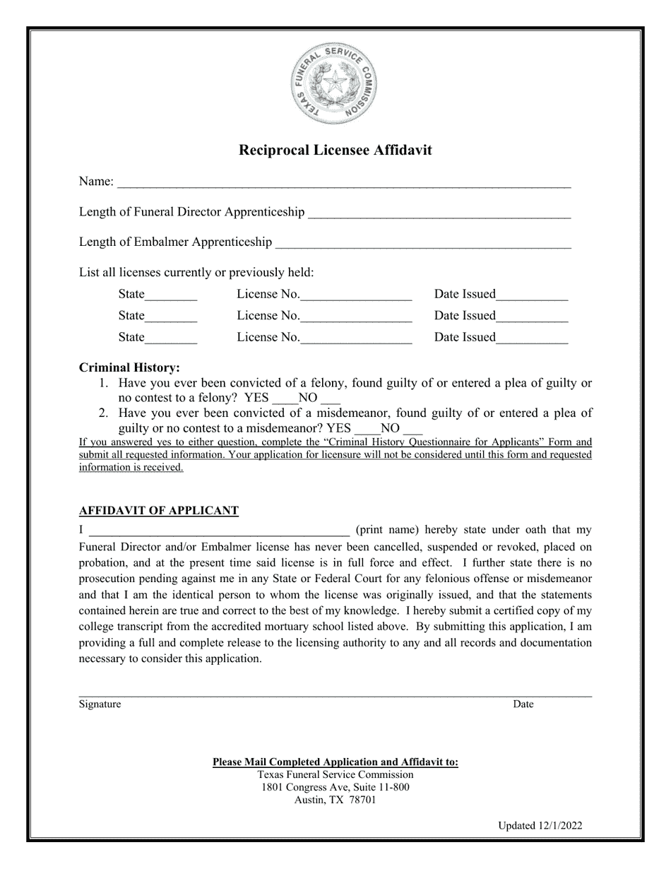 Reciprocal Funeral Director / Embalmer License Application - Texas, Page 3