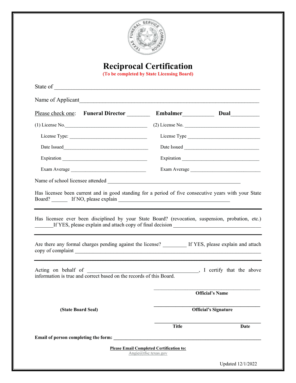 Reciprocal Funeral Director / Embalmer License Application - Texas, Page 4