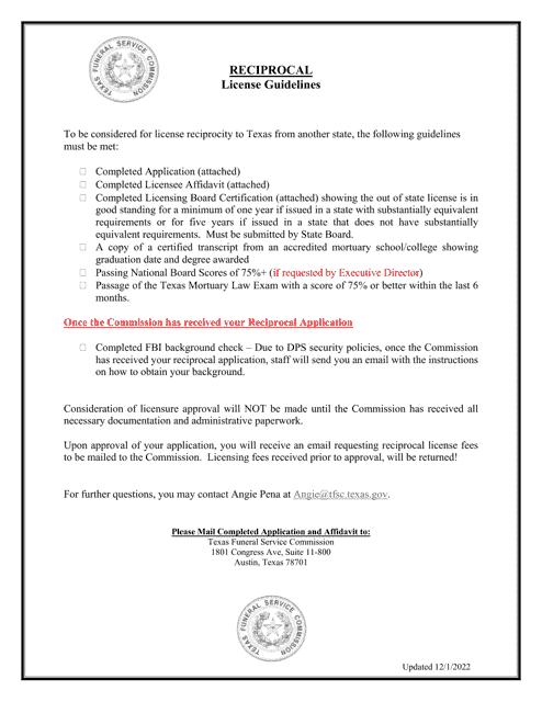 Reciprocal Funeral Director / Embalmer License Application - Texas Download Pdf