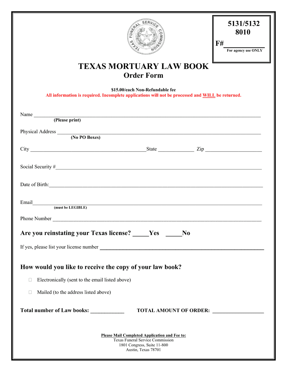 Texas Mortuary Law Book Order Form - Texas, Page 1