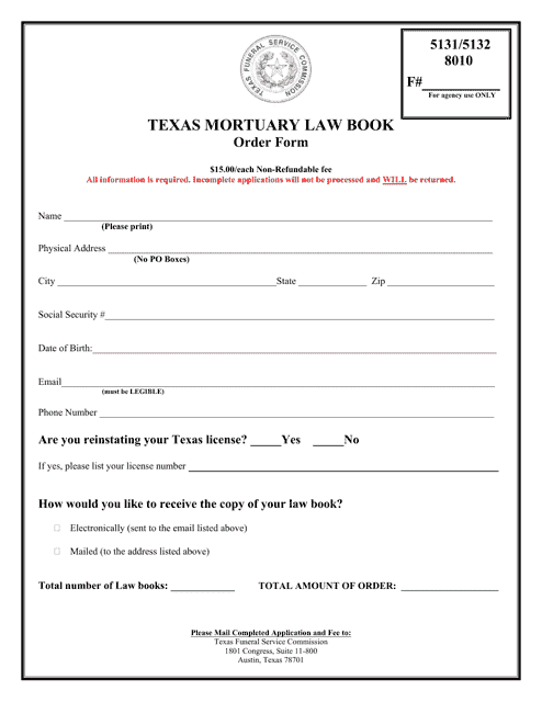 Texas Mortuary Law Book Order Form - Texas