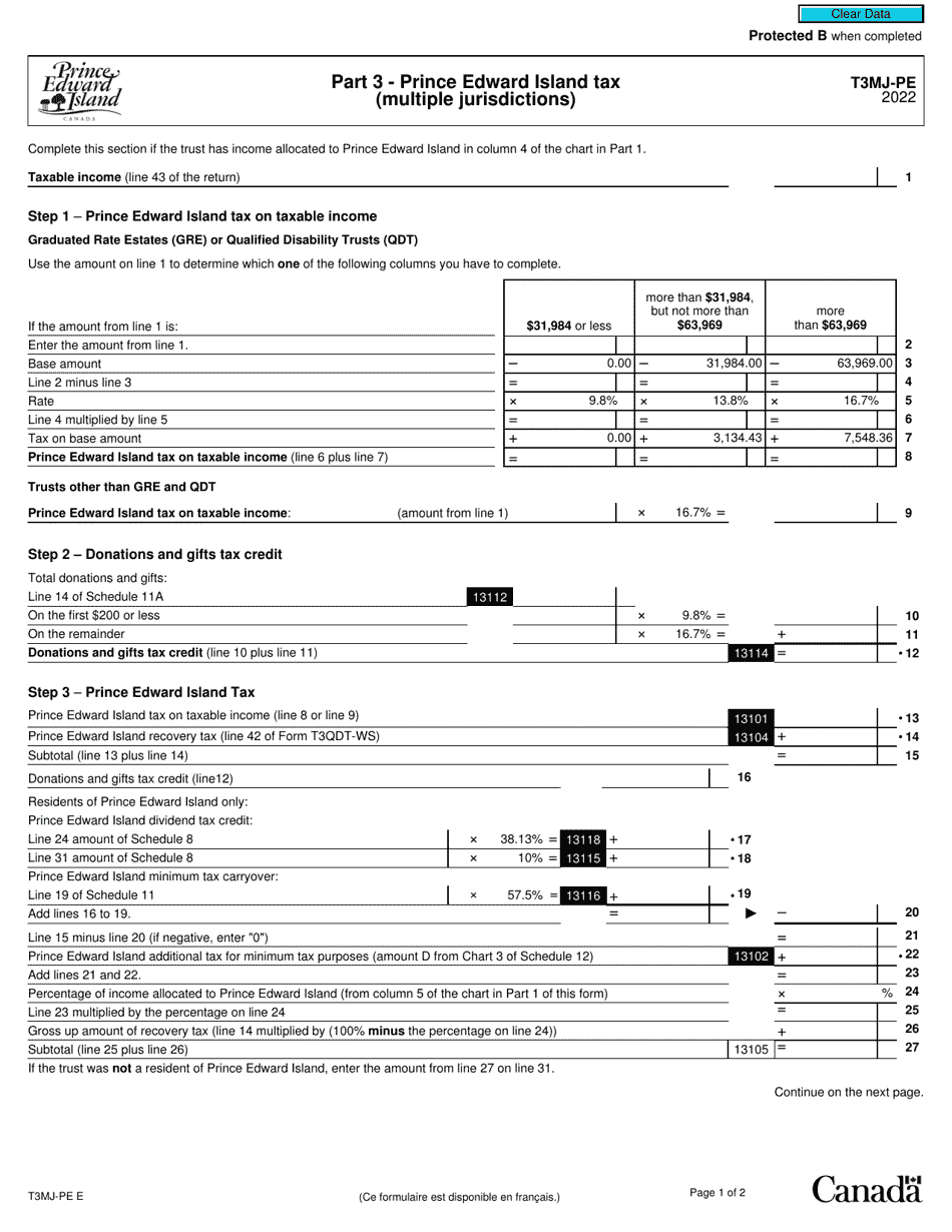 Form T3MJ-PE Part 3 Prince Edward Island Tax (Multiple Jurisdictions) - Canada, Page 1