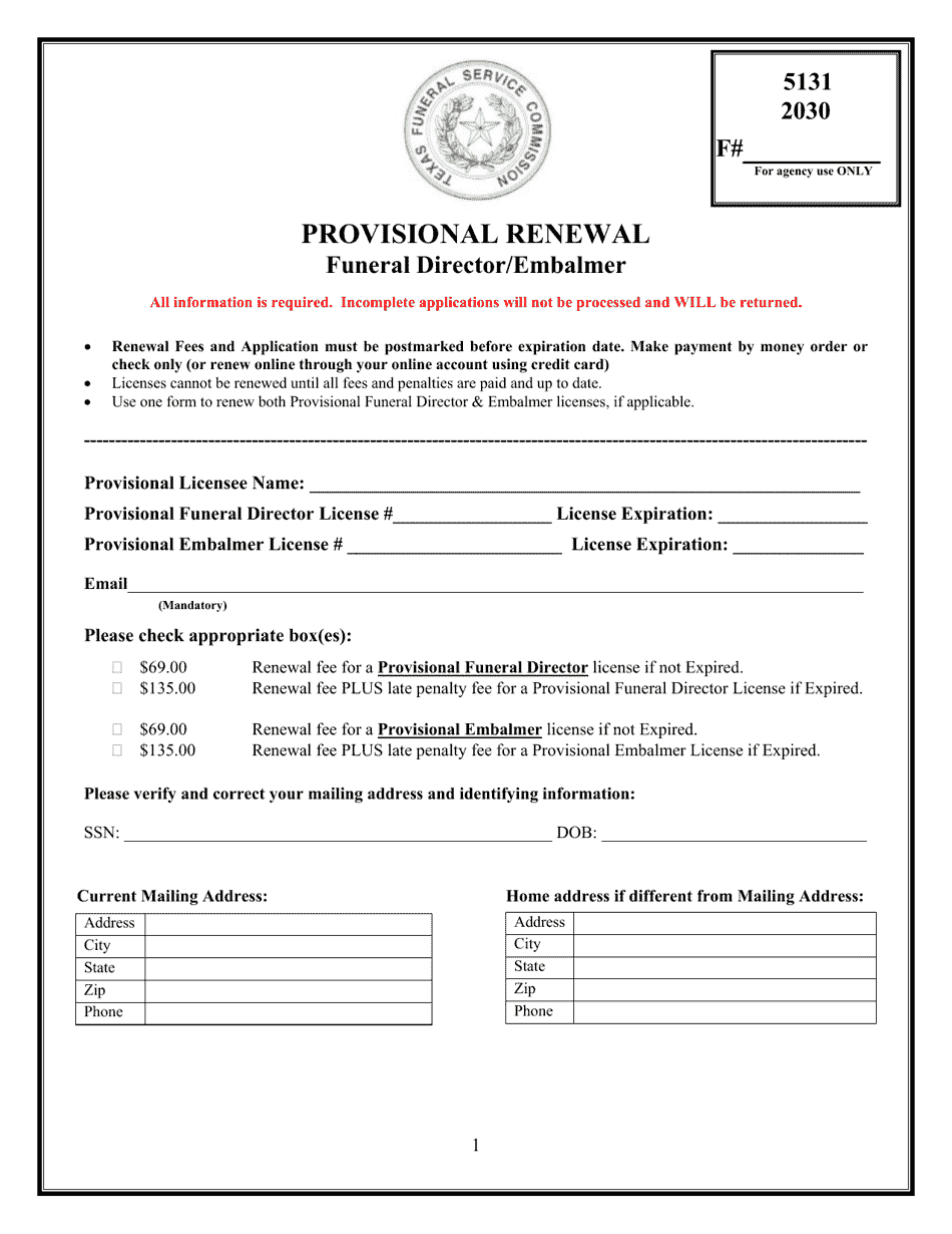 Provisional Funeral Director / Embalmer Renewal Application - Texas, Page 1
