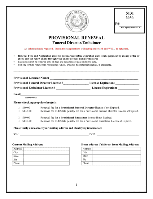 Provisional Funeral Director / Embalmer Renewal Application - Texas Download Pdf