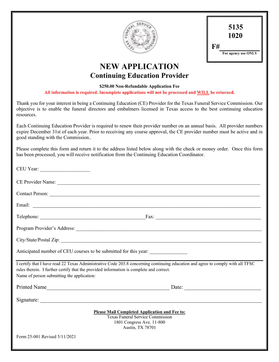 Form 25-001 Continuing Education Provider New Application - Texas, Page 1