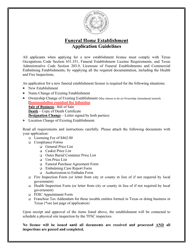 Document preview: Funeral Establishment Application - Texas