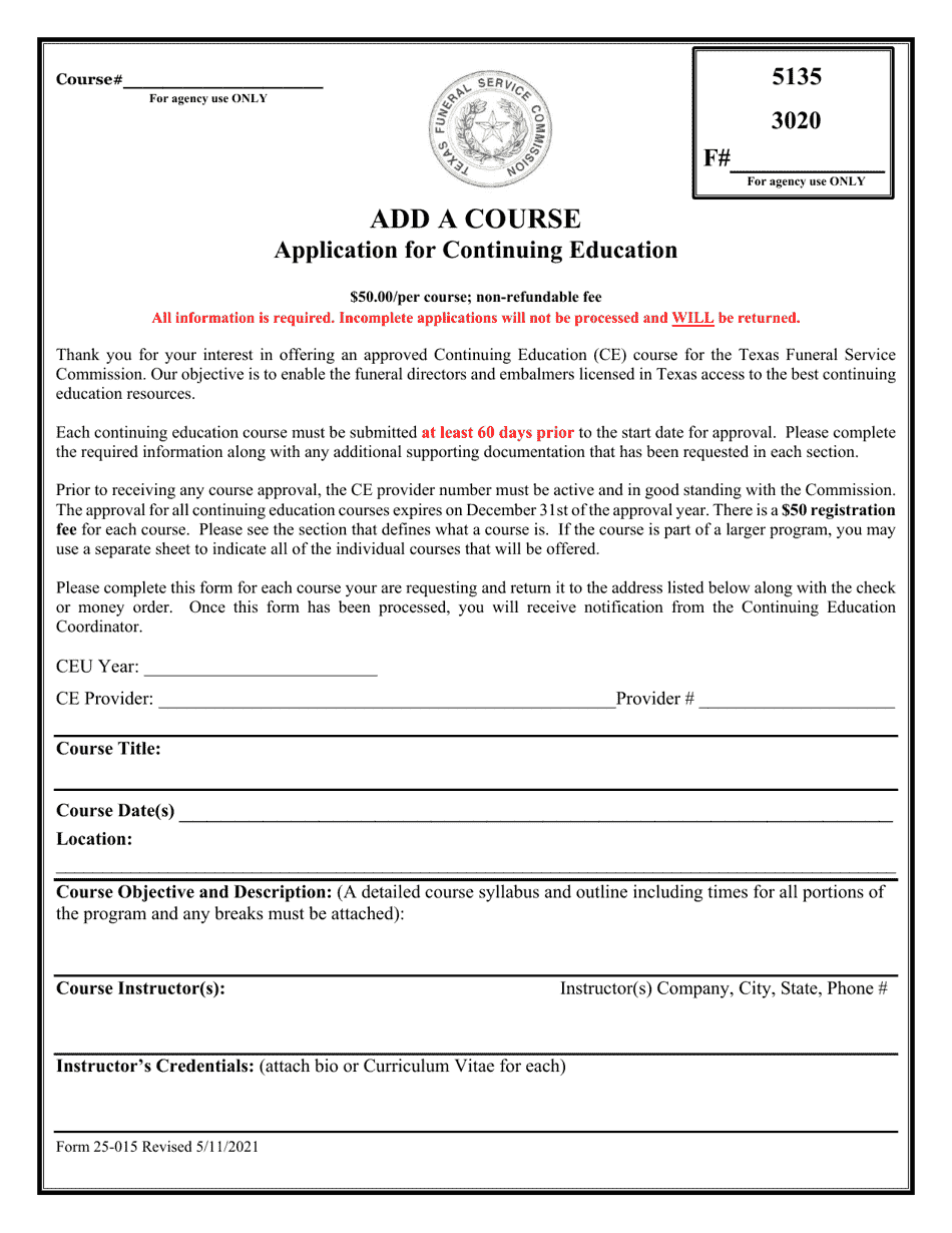 Form 25-015 Add a Course Application for Continuing Education - Texas, Page 1