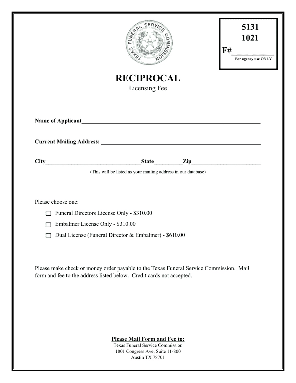 Reciprocal Licensing Fee - Texas, Page 1
