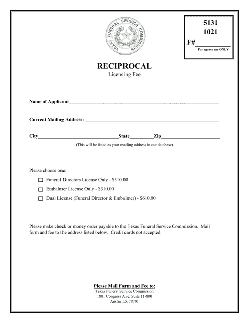 Reciprocal Licensing Fee - Texas Download Pdf