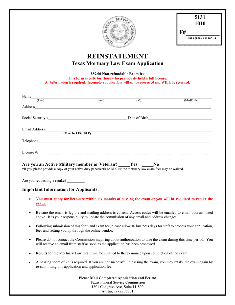 Reinstatement Texas Mortuary Law Exam Application - Texas, Page 1