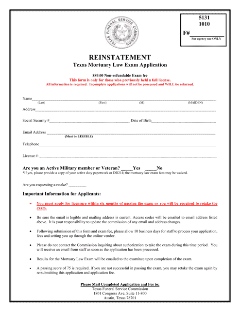 Reinstatement Texas Mortuary Law Exam Application - Texas Download Pdf