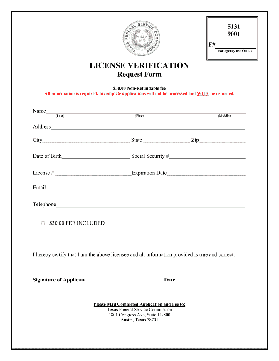 License Verification Request Form - Texas, Page 1